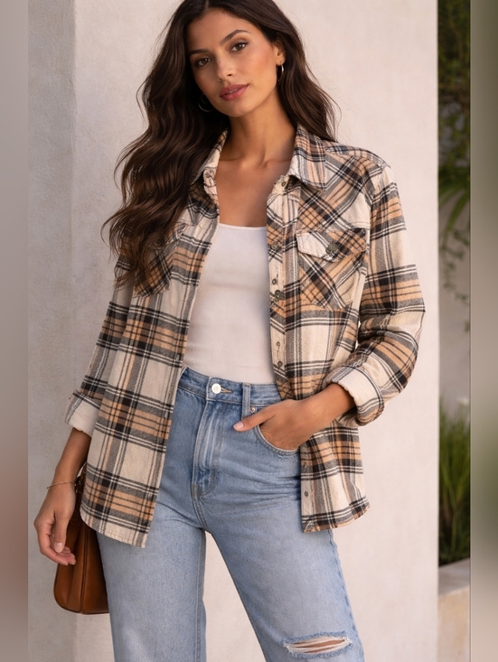Sanctuary Tops - Sanctuary Women's Plaid Button Down Shirt XS Beige Black